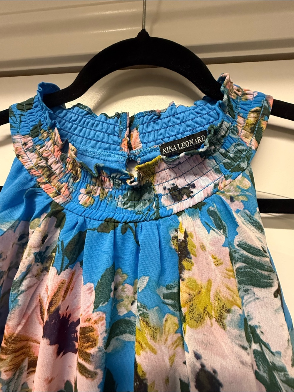 Nina Leonard Blue Floral Halter Maxi Dress Size 1X Smocked Waist - Picture 5 of 10